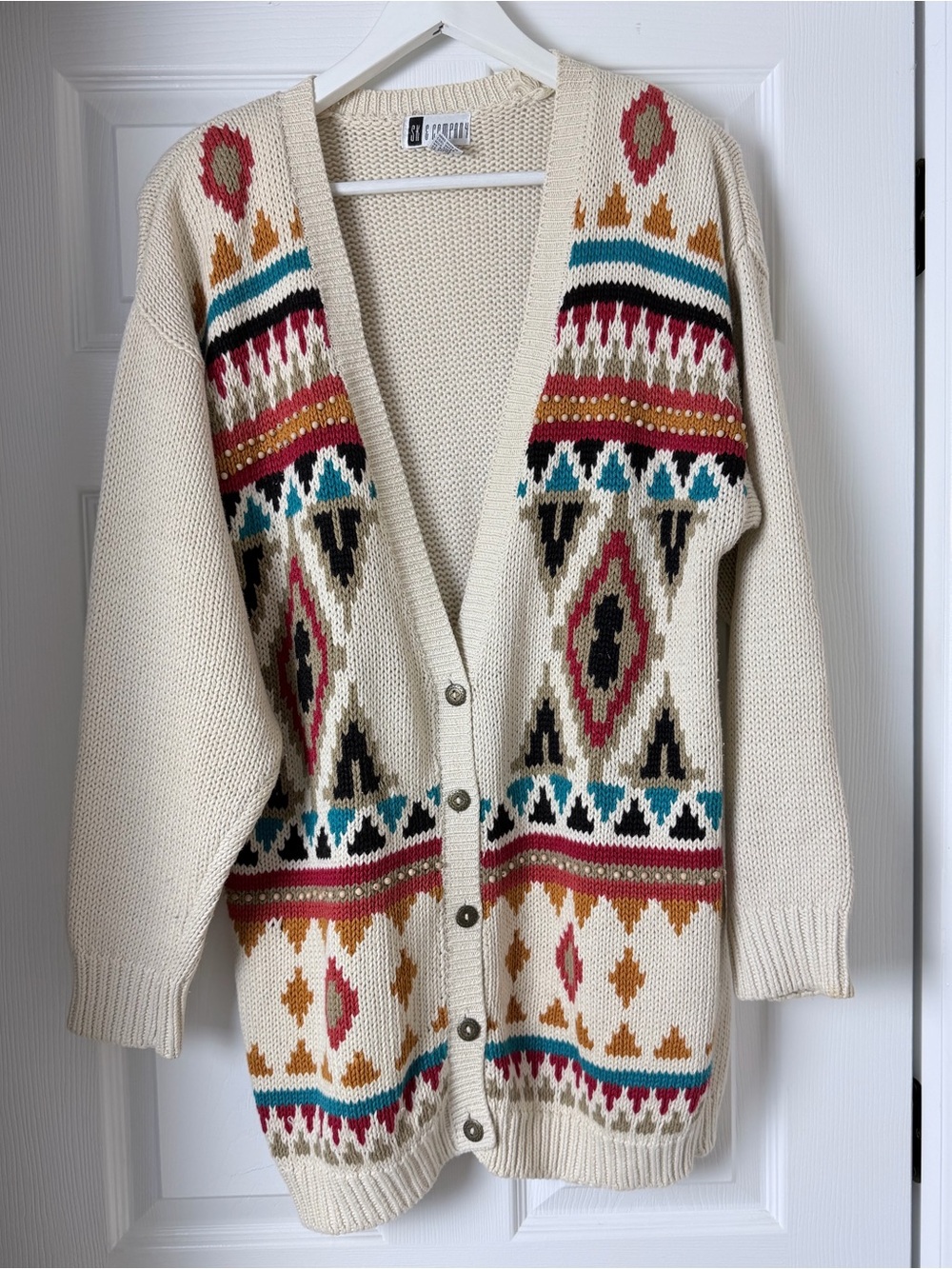 Vintage SK & Company Aztec Print Cotton Sweater Cardigan Oversized Medium